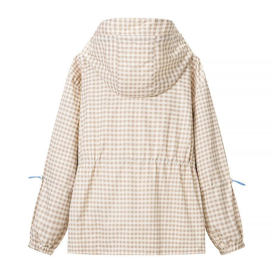 Women's Lightweight Checkered Hooded Jacket with Drawstring and Zipper Pockets Amarae