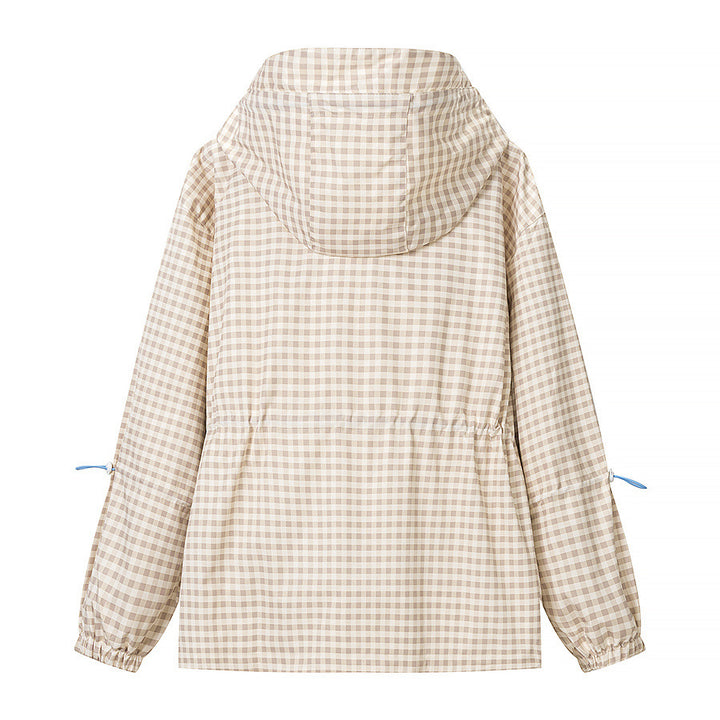 Women's Lightweight Checkered Hooded Jacket with Drawstring and Zipper Pockets Amarae