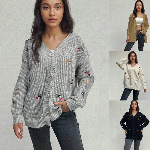 Ladies Chunky Knit Cardigan with Colorful Embroidery and Button Closure Amarae