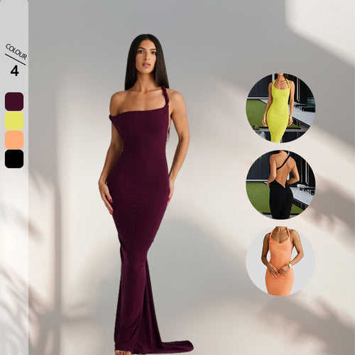 Women figure-hugging evening dress with elegant halter design and swinging hem Amarae