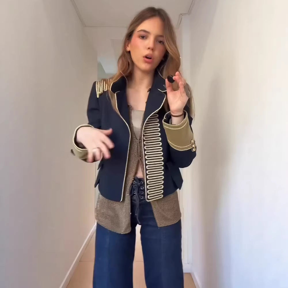 Women’s military-inspired short jacket with gold cord trim and stand-up collar Amarae