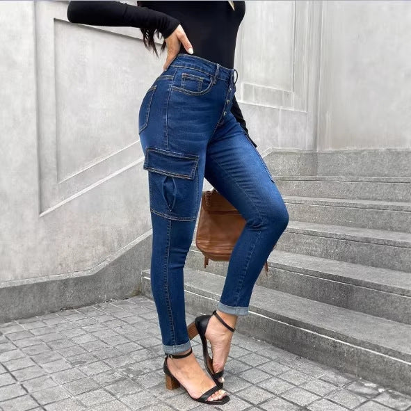 Women’s Waist-Shaping Slim Cargo Jeans with Decorative Button Placket Amarae