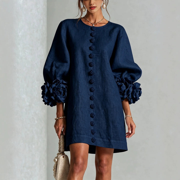 Ladies linen dress in A-line cut with balloon sleeves and 3D flower decoration Amarae