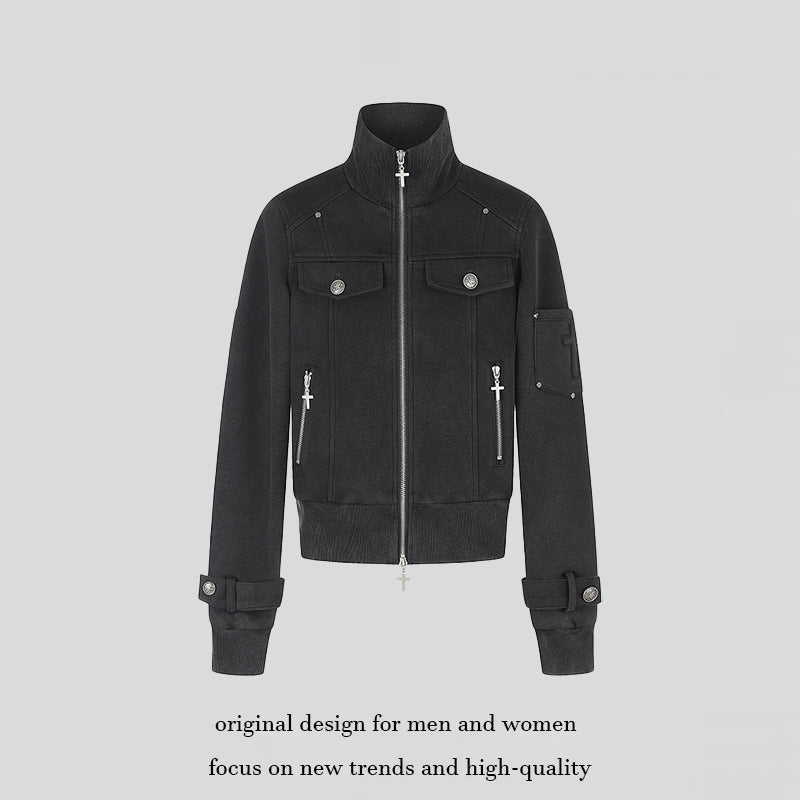 Women Tailored Zip Jacket with High Stand-Up Collar, Decorative Straps & Adjustable Closures Amarae