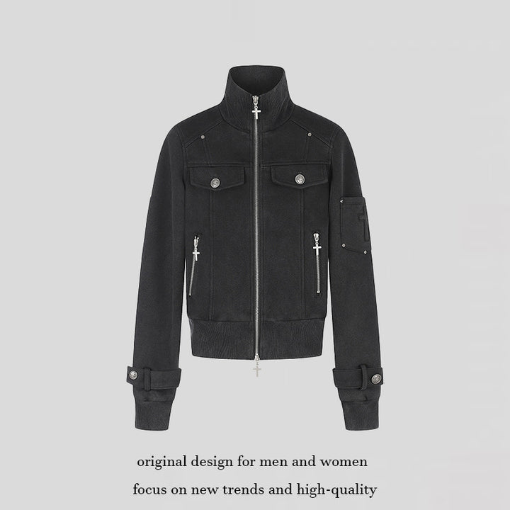 Women Tailored Zip Jacket with High Stand-Up Collar, Decorative Straps & Adjustable Closures Amarae