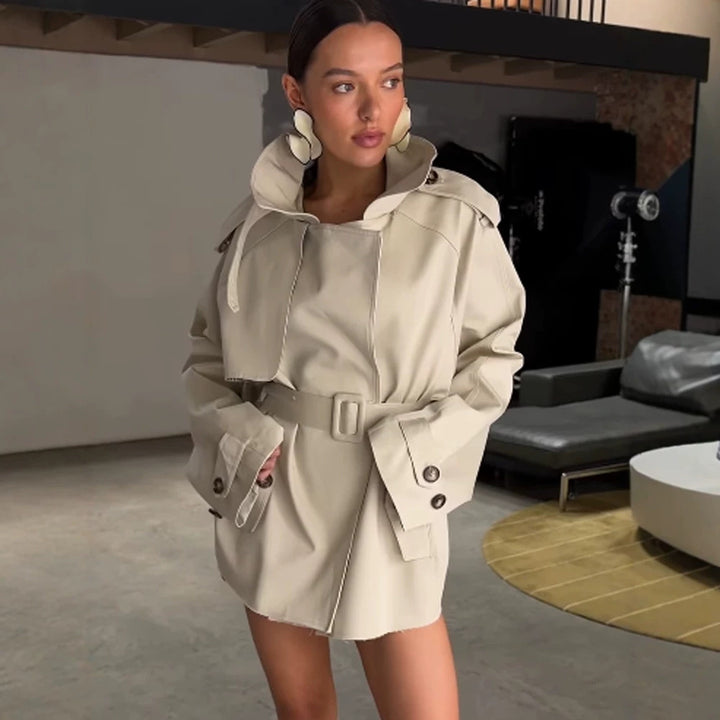 Women's Sculptural Short Trench with Oversized Shawl Collar and Fitted Belt Amarae