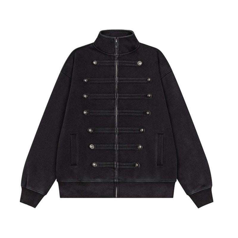Men's Military-Inspired Sweat Jacket with Stand-Up Collar and Decorative Button Plackets Amarae