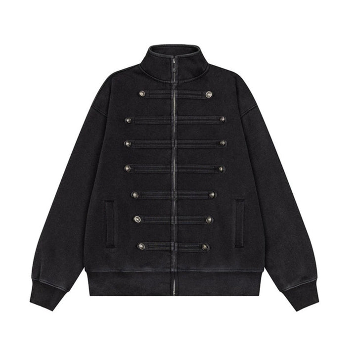 Men's Military-Inspired Sweat Jacket with Stand-Up Collar and Decorative Button Plackets Amarae