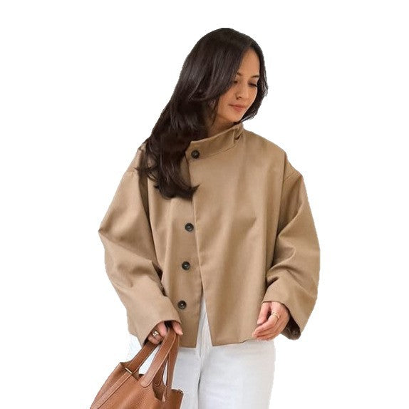 Women's short A-line coat jacket with stand-up collar and asymmetrical button placket Amarae