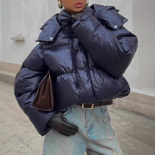 Ladies short cut glossy oversized quilted jacket with high collar Amarae