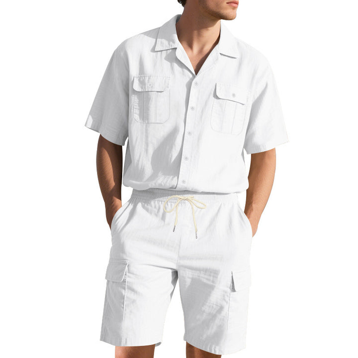 H men's casual short sleeve shirt and chic cargo shorts outfit