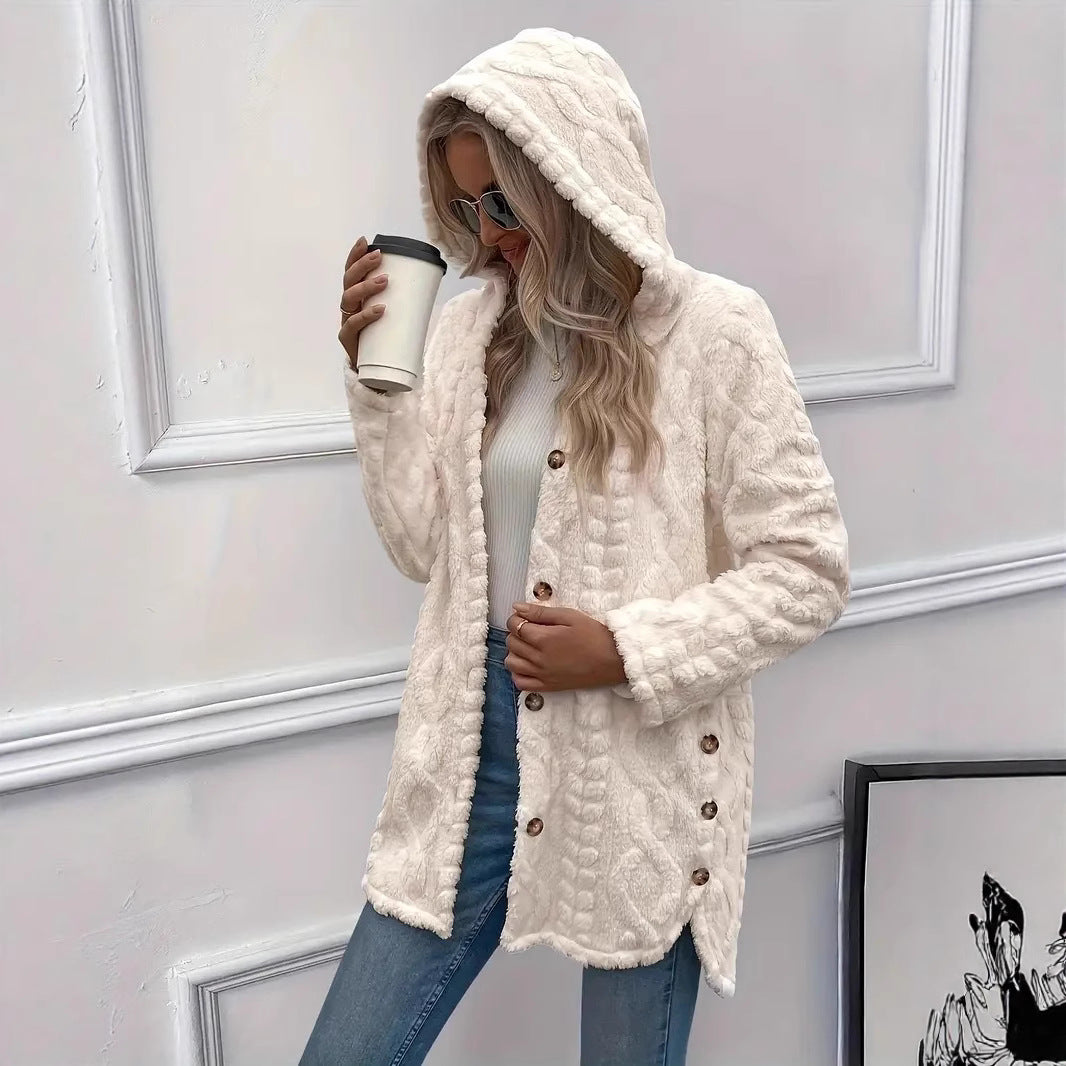 Fuzzy jacket for ladies with hood and button closure Lune London