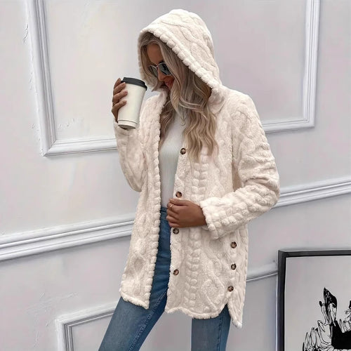 Fuzzy jacket for ladies with hood and button closure Amarae
