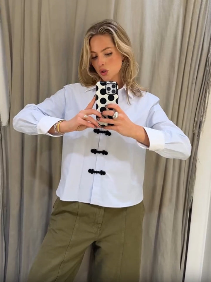 Women’s short cut poplin shirt blouse with stand-up collar and decorative cord knot closures Amarae