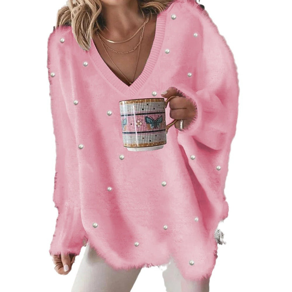 Oversized women's V-neck sweater with pearls Lune London