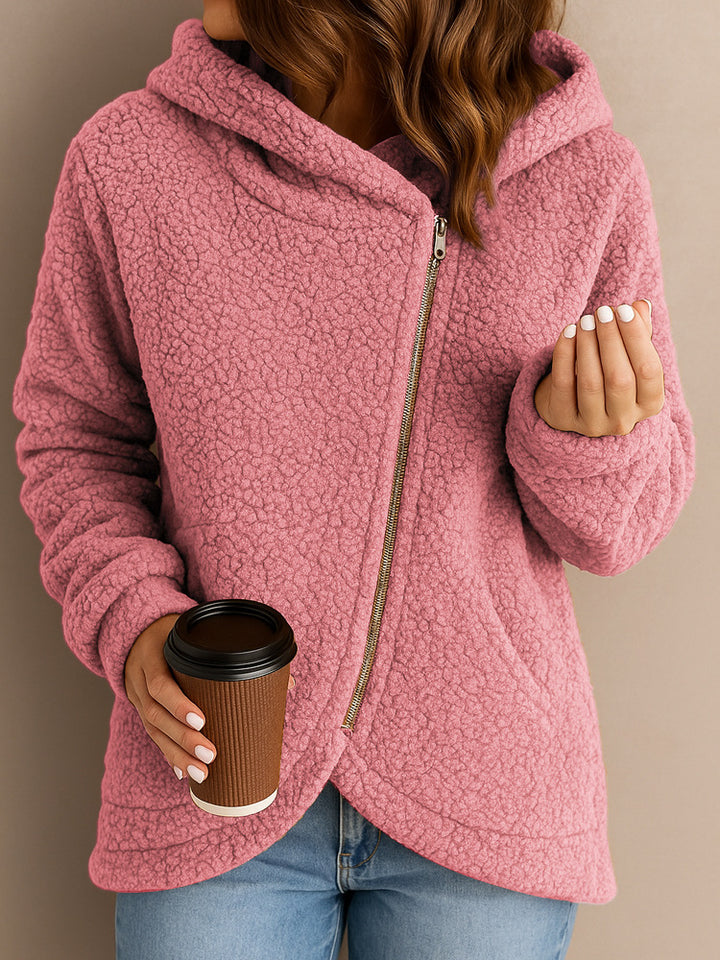 Ladies plush hooded jacket with asymmetrical zipper Lune London