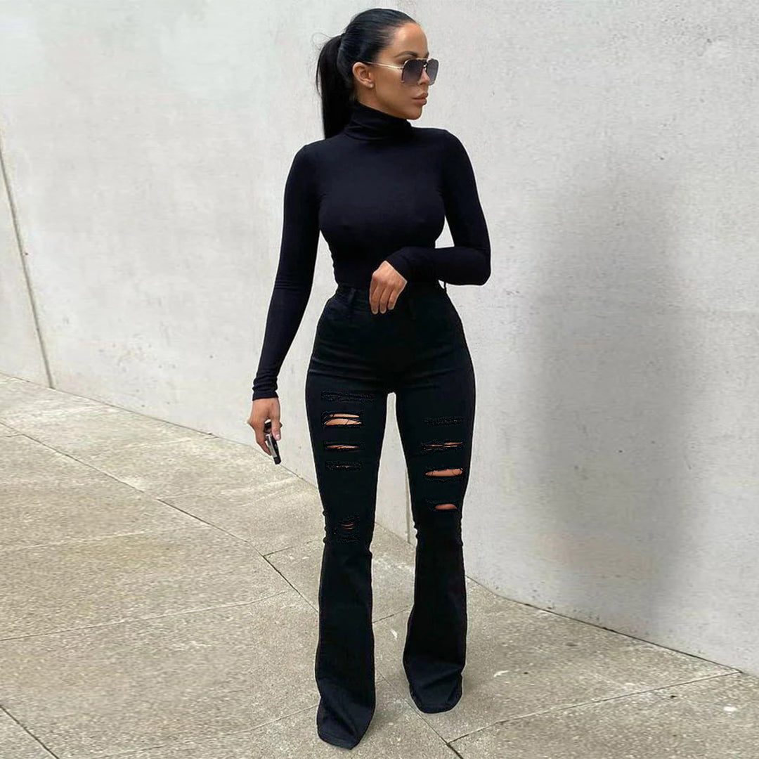 Women High-Waisted Flared Jeans with Destroyed Rips and Sculpting Stretch Cut Amarae