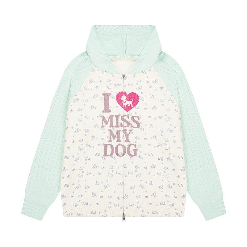 Women's hoodie cardigan with full zip, ribbed sleeves, and dog statement print Amarae