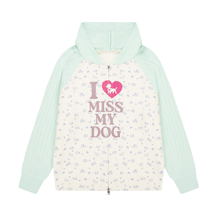 Women's hoodie cardigan with full zip, ribbed sleeves, and dog statement print Amarae