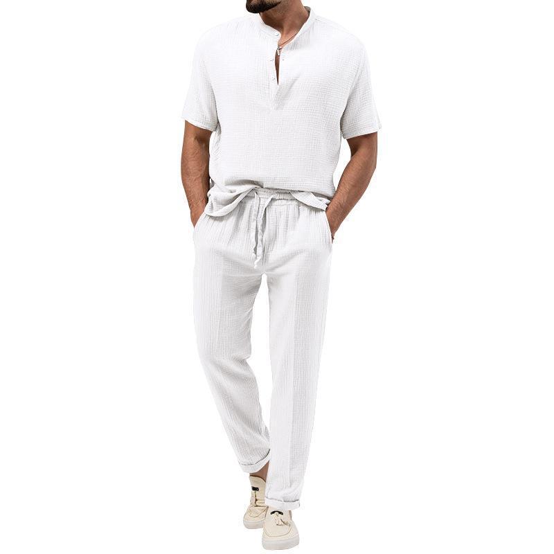 Men's short sleeve shirt fashion with Henley collar and casual jogger pants Lune London