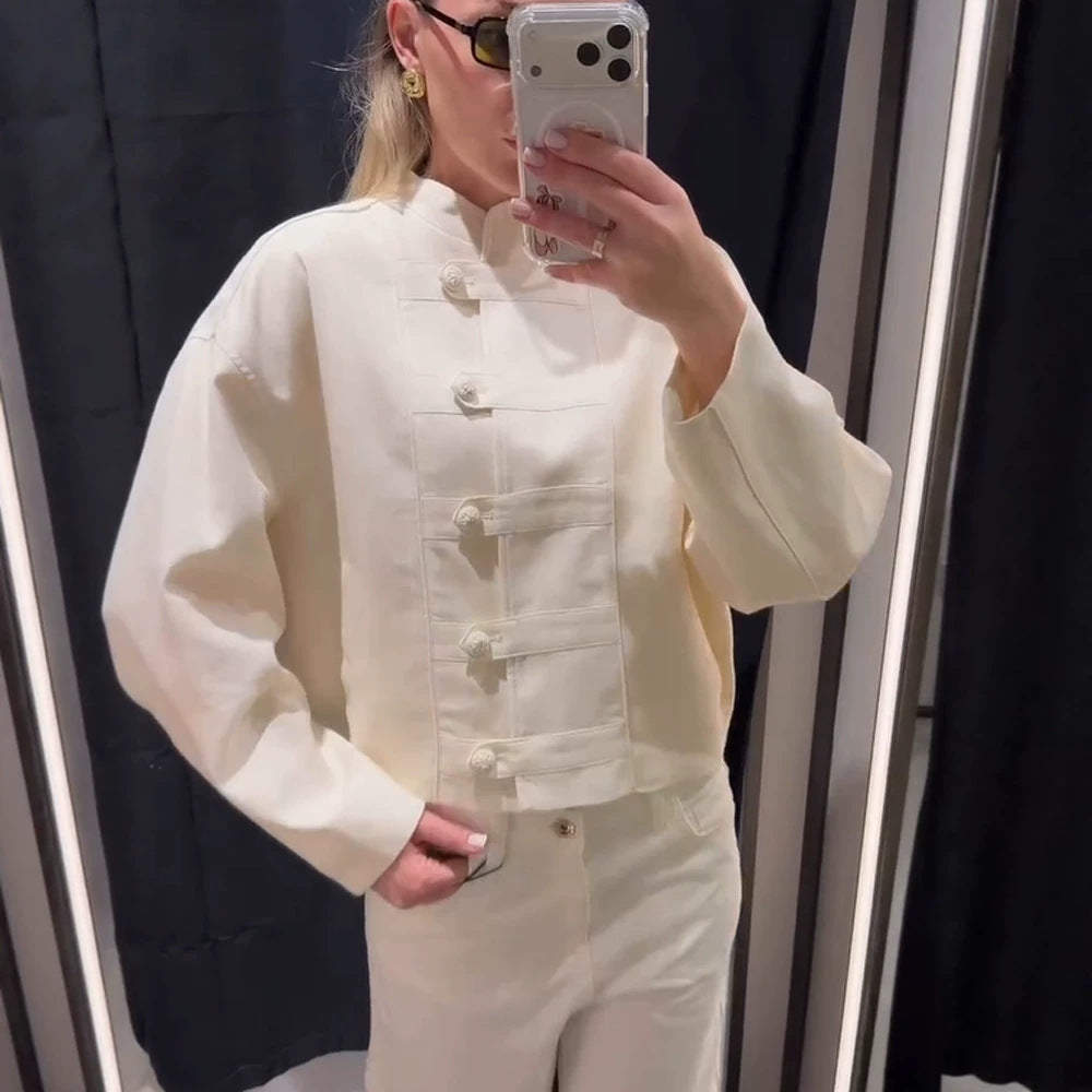 Women's Short Boxy Jacket with Mandarin Collar and Decorative Knot Button Placket Amarae
