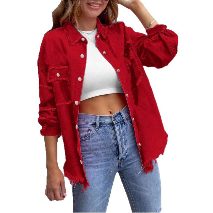 Women's oversized denim shirt jacket with fringe trim, flap pockets, and snap front Amarae