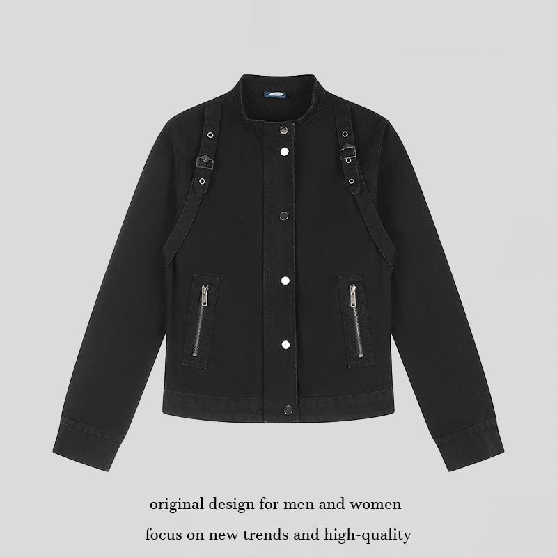Women's Short Utility Jacket with Stand-Up Collar, Adjustable Shoulder Straps and Snap Closure Amarae