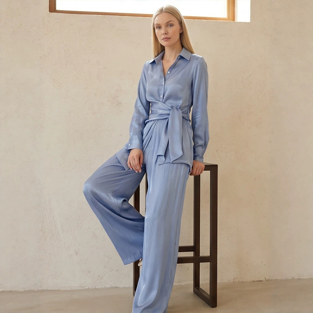 Ladies Two-Piece Silky Shirt and Palazzo Set with Wrap Waist Amarae