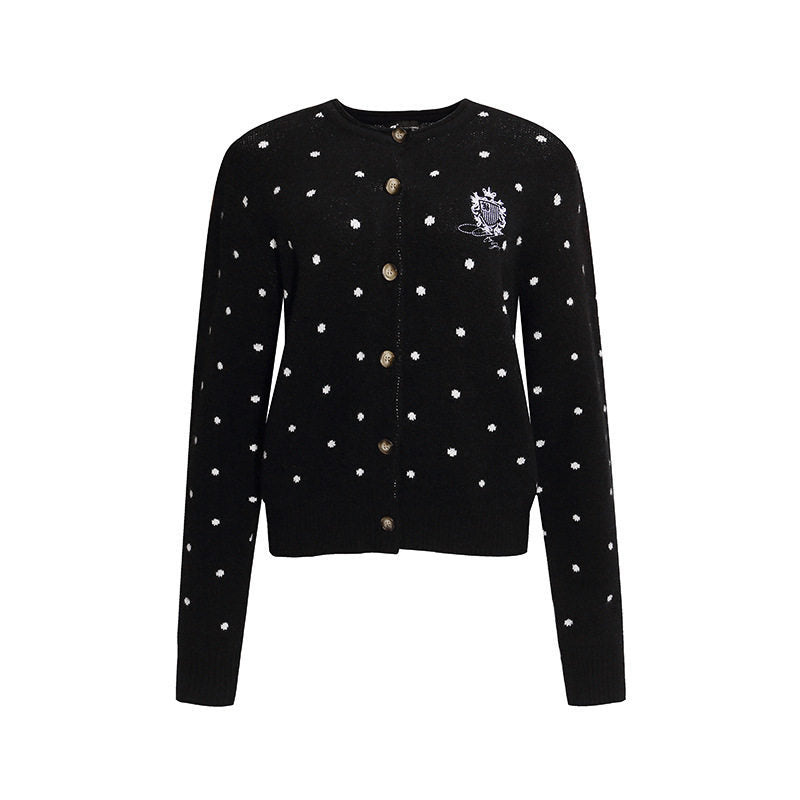 Women's knit cardigan with round neck, polka dot jacquard and decorative badge Amarae