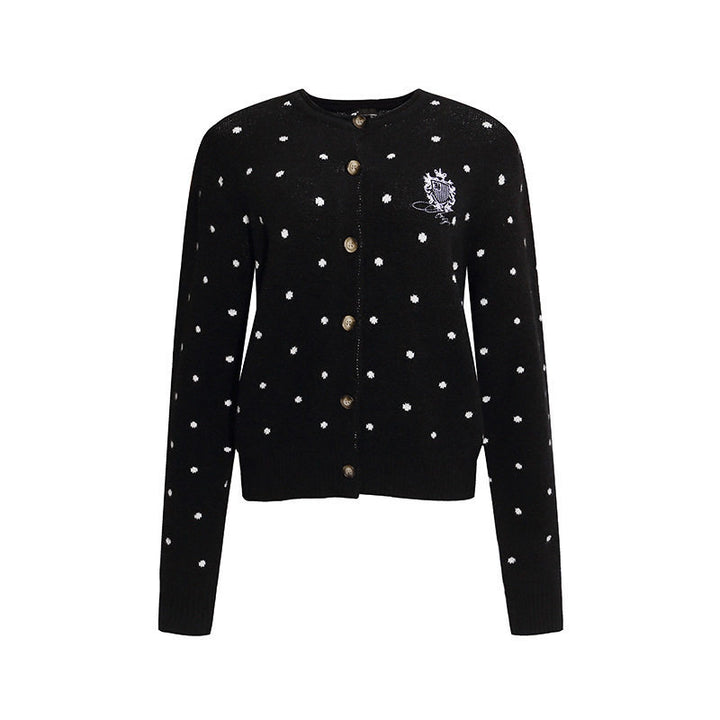 Women's knit cardigan with round neck, polka dot jacquard and decorative badge Amarae