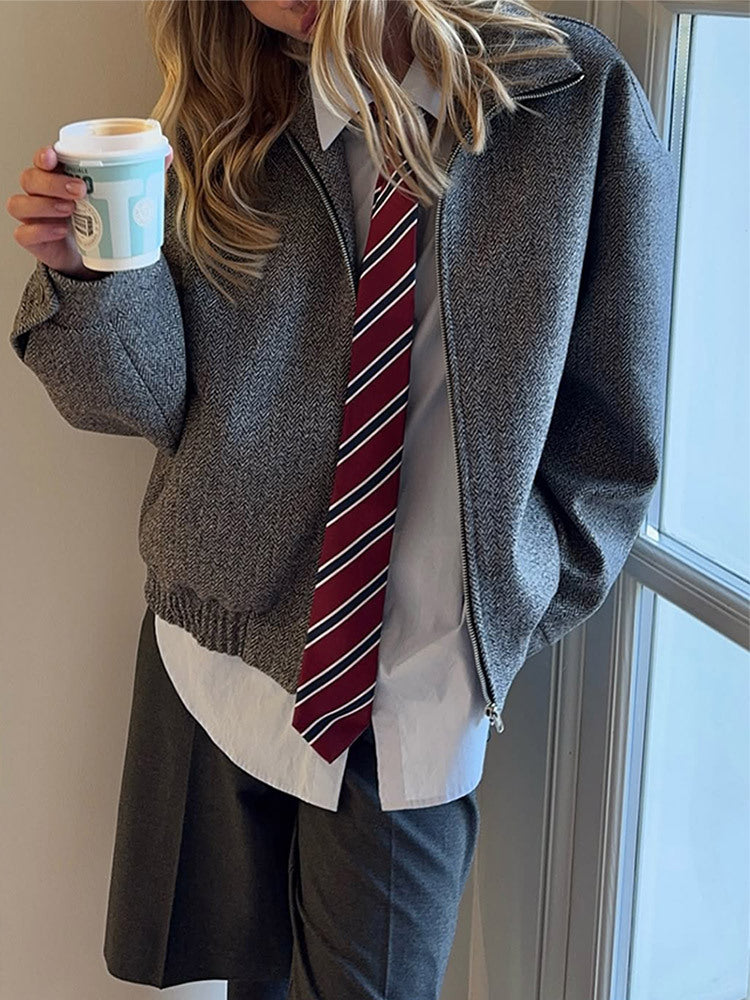 Ladies short jacket in herringbone wool blend with zip and elastic hem Amarae