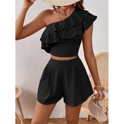 Woman One-Shoulder Ruffle Crop Top and High-Waisted Shorts Amarae