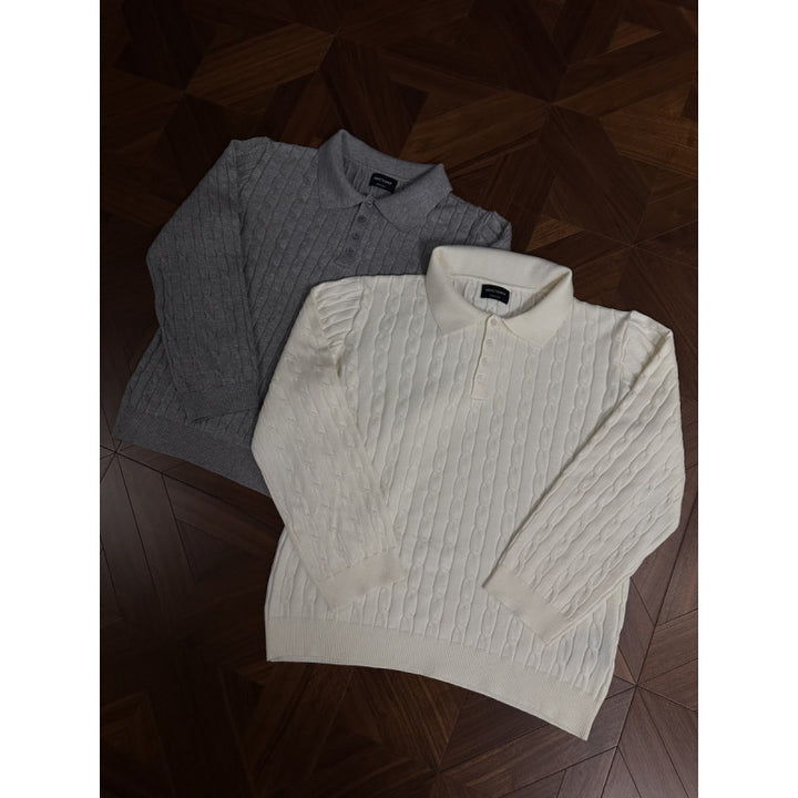 Knit sweater for women with classic collar and delicate cable texture Lune London