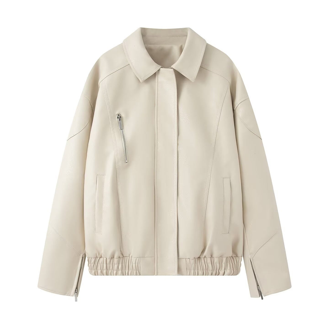 Elegant ladies faux leather jacket with practical zippered pockets Lune London