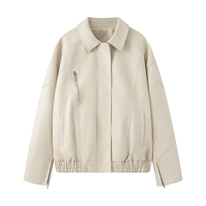 Elegant ladies faux leather jacket with practical zippered pockets Lune London
