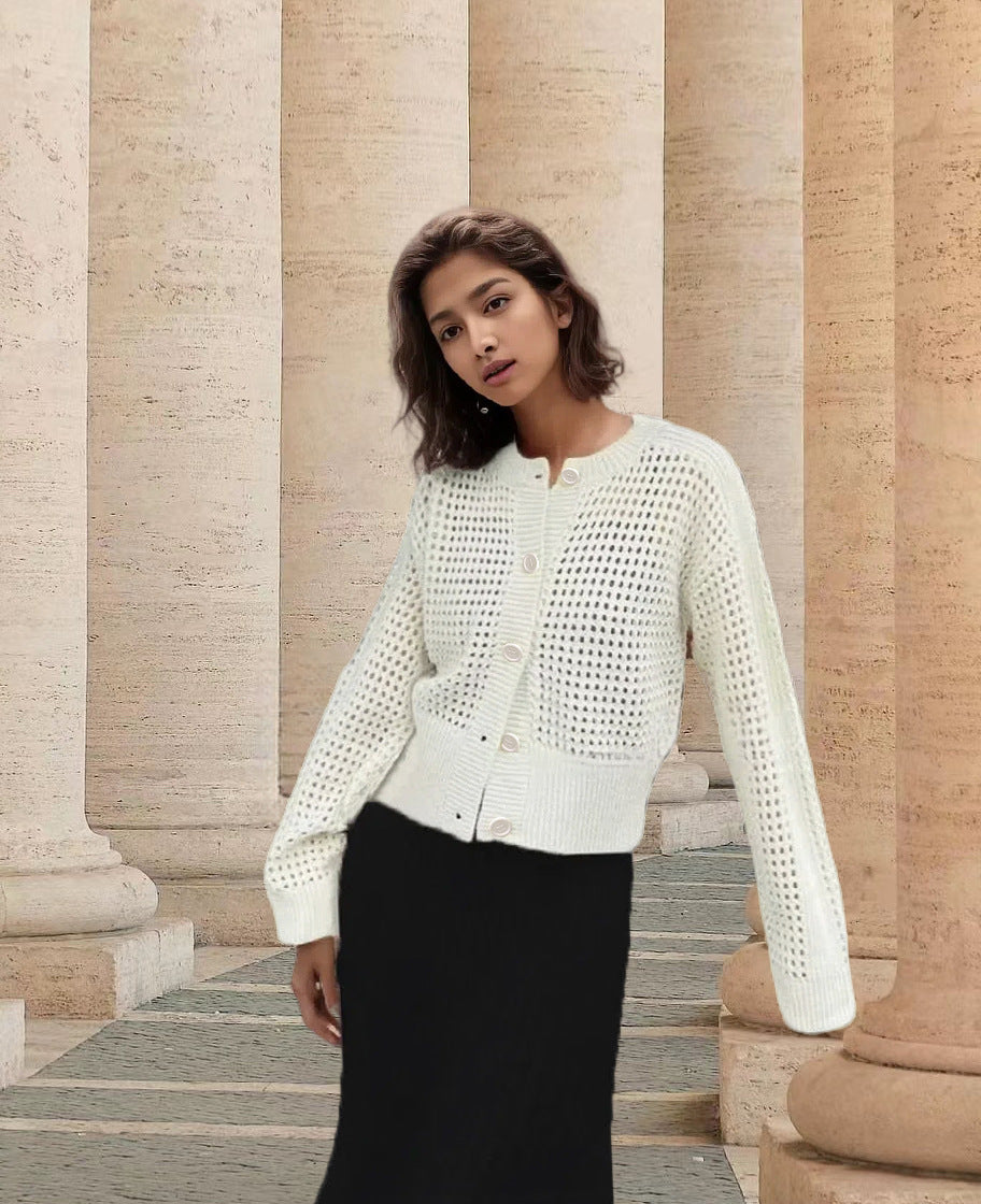 Knit jacket for women with an open weave design and large buttons Lune London