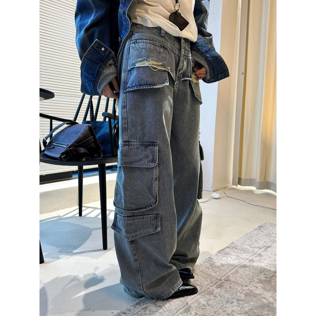 Women Wide Distressed Cargo Jeans in Baggy Cut with Large Flap Pockets Amarae
