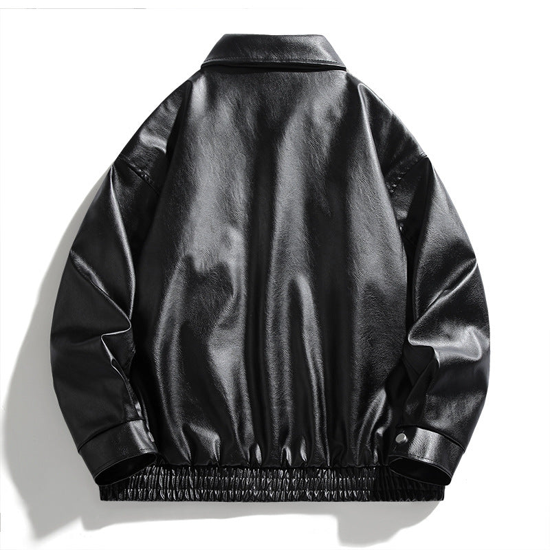 Fashionable synthetic leather jacket for men with large collar and practical pockets Lune London