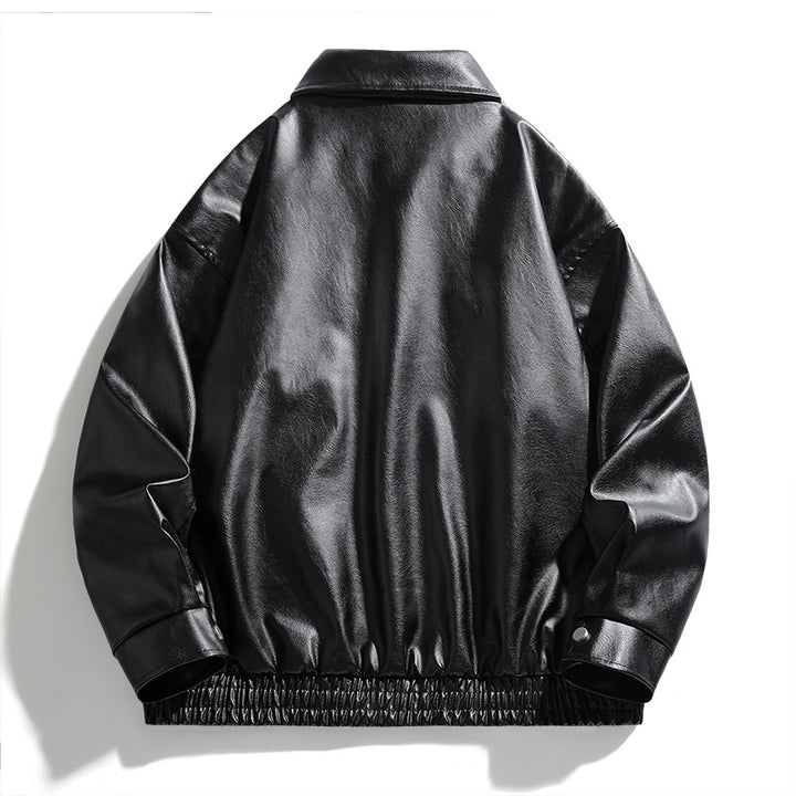 Fashionable synthetic leather jacket for men with large collar and practical pockets Lune London