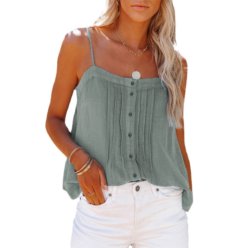 Lightweight women's tank top with spaghetti straps, plaid design and button details Amarae