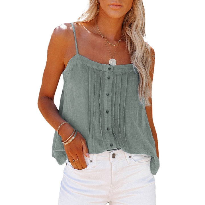 Women's lightweight spaghetti strap tank top with tartan design and button details Lune London