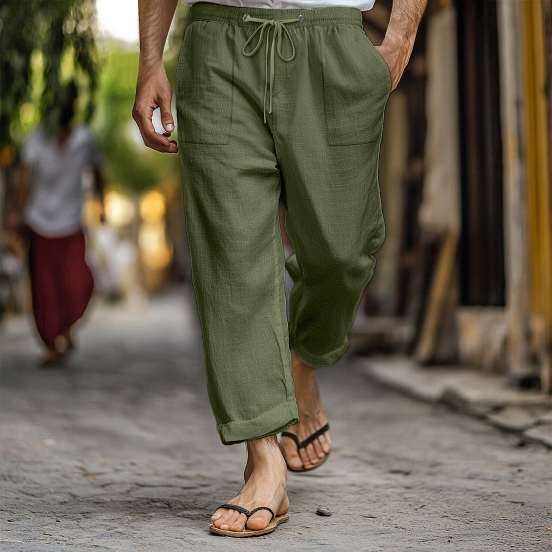 Casual and lightweight linen pants for men with elastic waist and practical side pockets Lune London