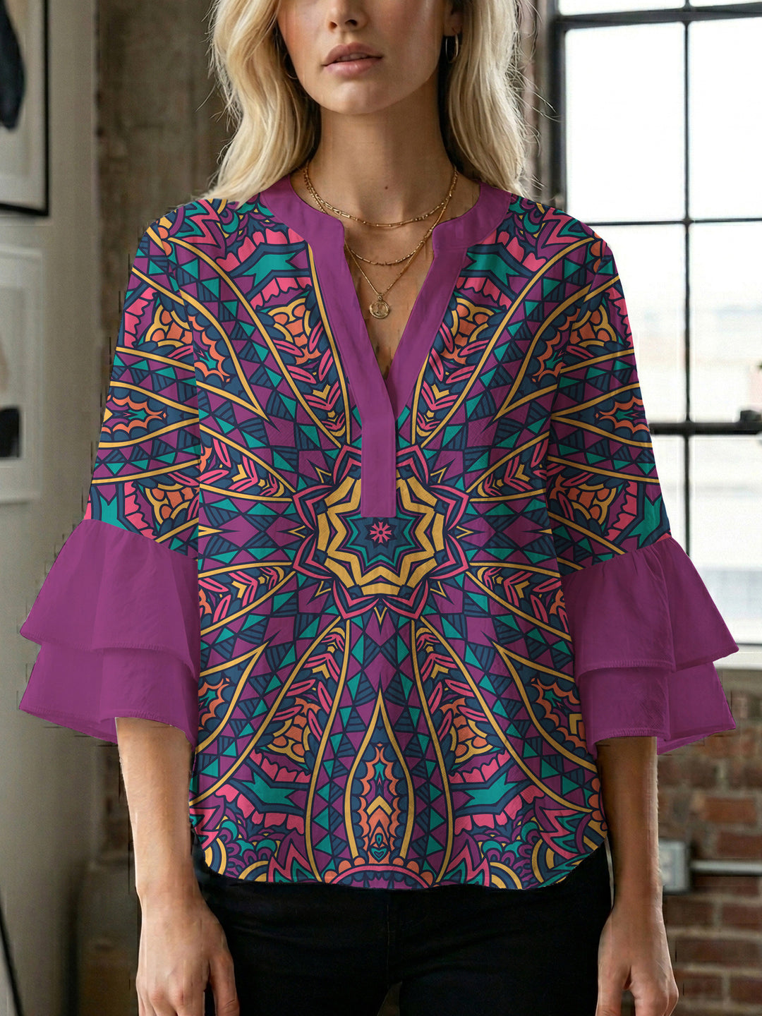 Ladies elegant blouse shirt with voluminous puff sleeves and graphic floral design Lune London