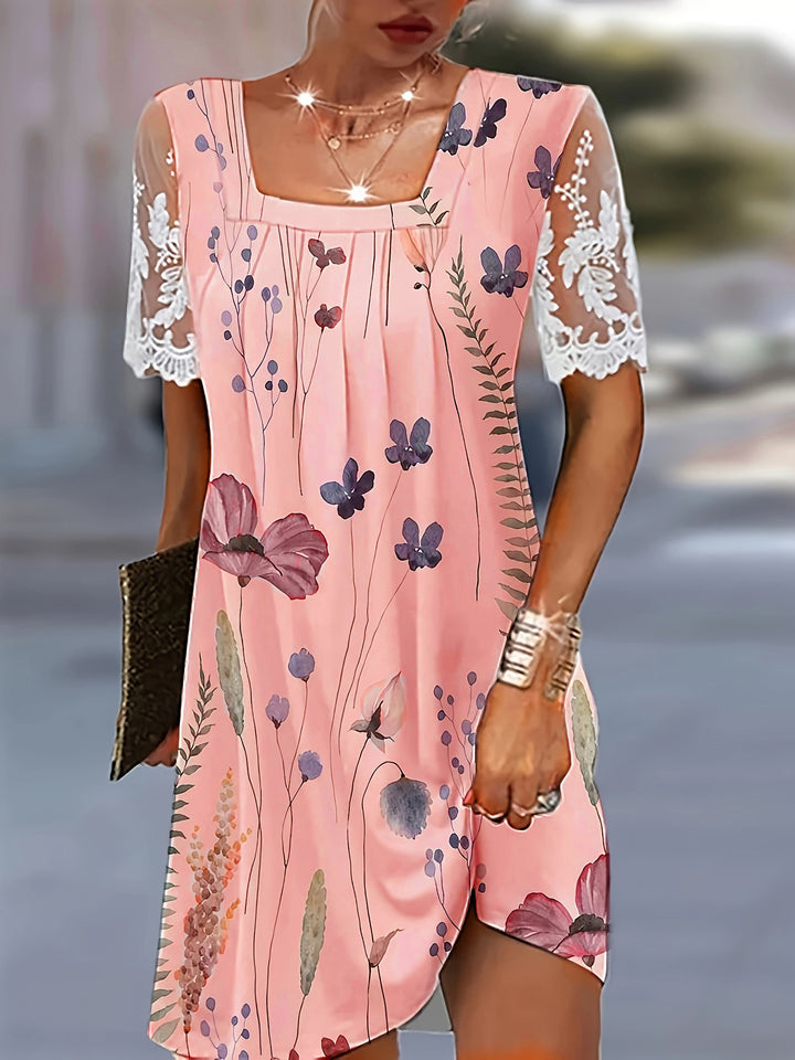 Floral print tunic dress for women with lace sleeves Lune London