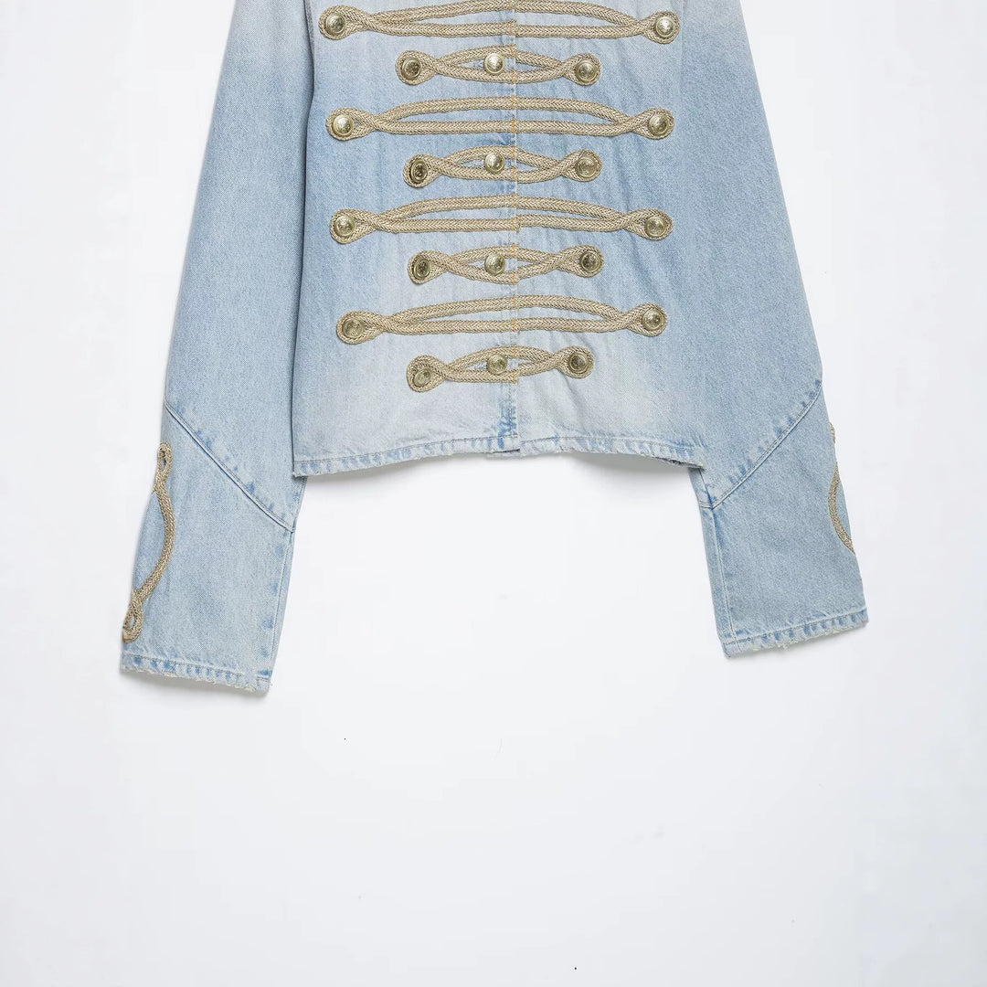 Women's short denim jacket in military style with cord appliqué and mandarin collar Amarae