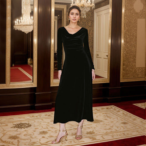 Robe maxi élégante pour femme avec encolure drapée flatteuse et manches longues Chic & Stil