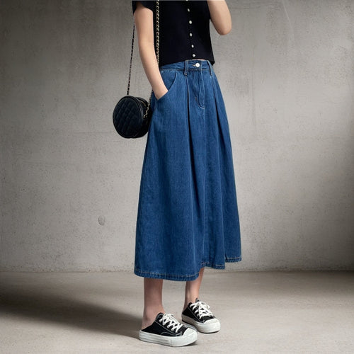 Woman Long Jean Skirt with Pleats and Side Pockets Amarae