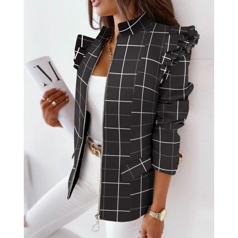 Women's leopard print statement jacket with ruffle shoulder and zipper Amarae