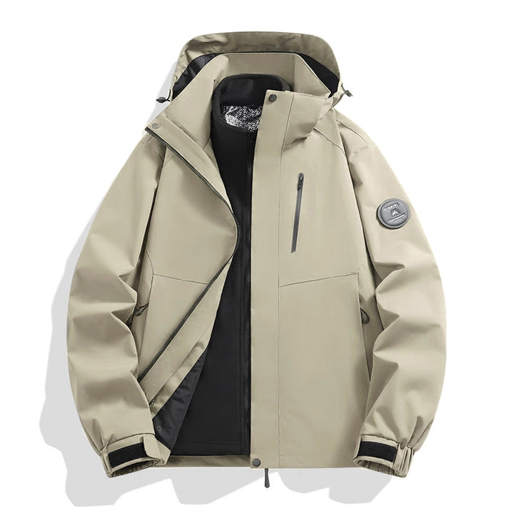Men's softshell performance jacket with removable hood, concealed full-length zipper, and ergonomic cut Amarae