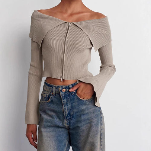 Women's cropped top with wide neckline and zipper Amarae